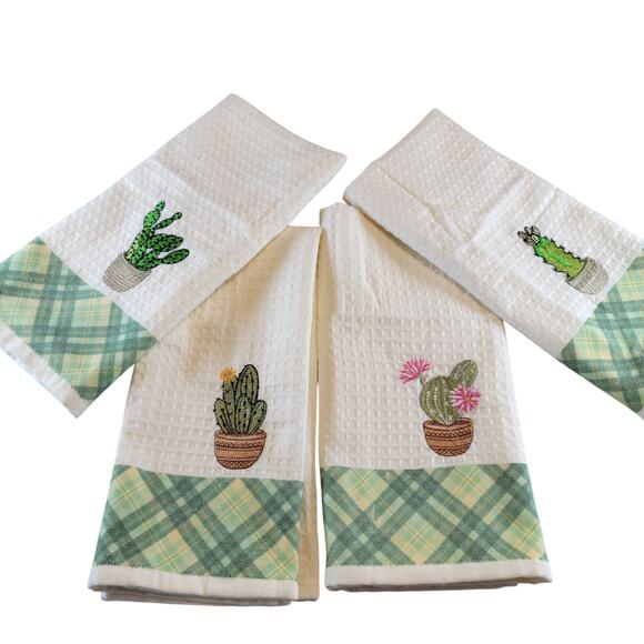 4 Cactus Kitchen Towels Lavien Embroidered Waffle Cotton Blend 16x24 Green Plaid - Picture 11 of 11